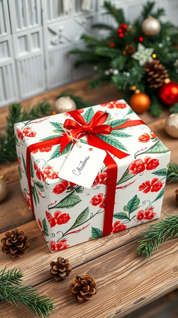 A decorative Christmas cake box with red ribbon and tag on a wooden table with holiday decorations.
